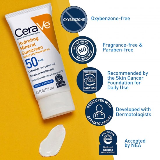 Cerave Hydrating Mineral Face Sunscreen Broad Spectrum SPF50 for Sensitive Skin 75ml